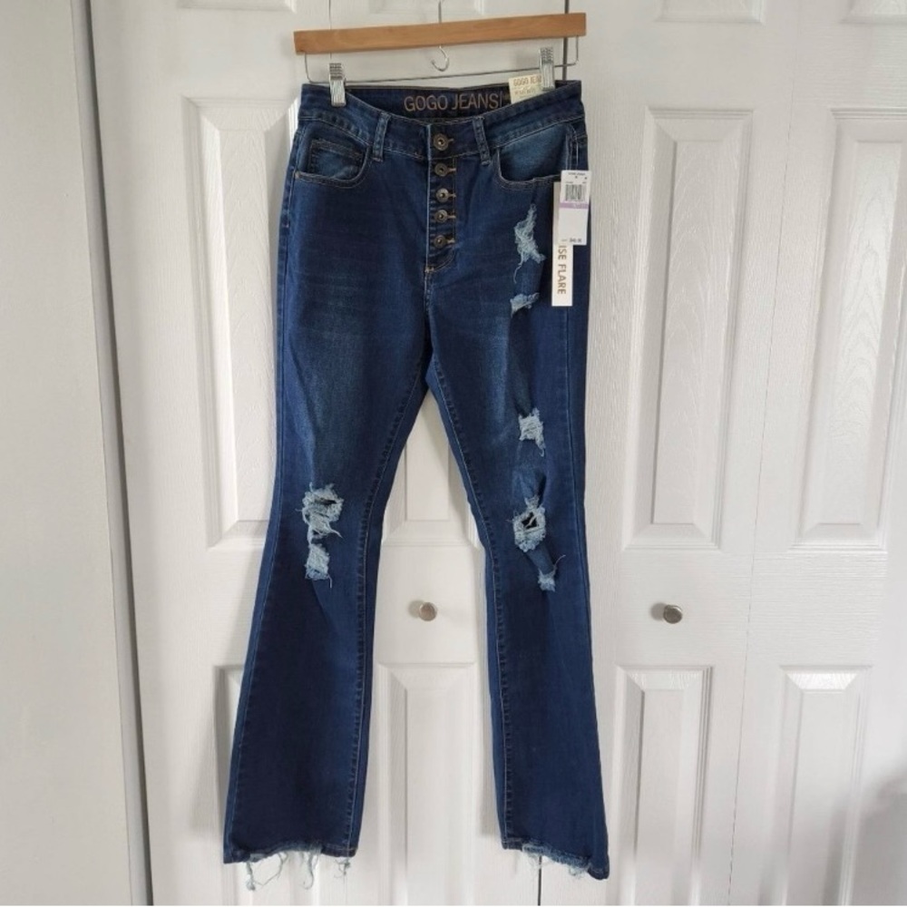 Gogo Jeans Distressed High Rise Button Fly Flare